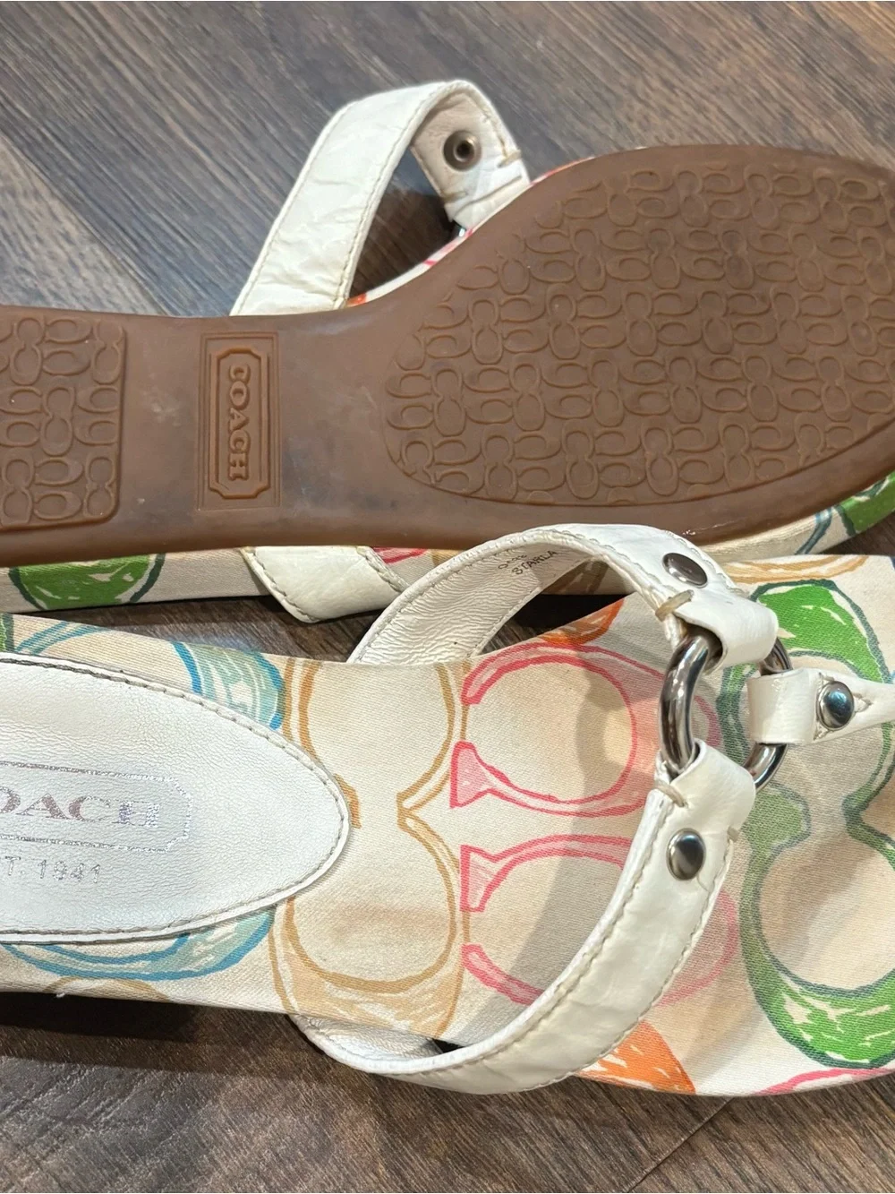 COACH White Leather Multicolor Signature Print Flat Sandals